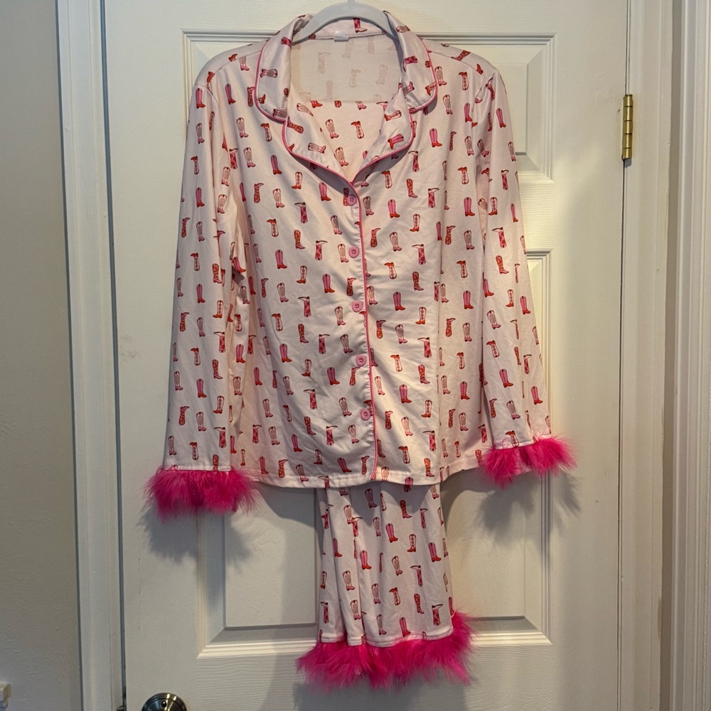 Pink Cowboy Boot Pajama Set with Feather Trim